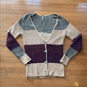 Free People 💜 🩶 🌾 Colorblock Knit Cardigan Sweater size small GUC! Cotton/Mohair